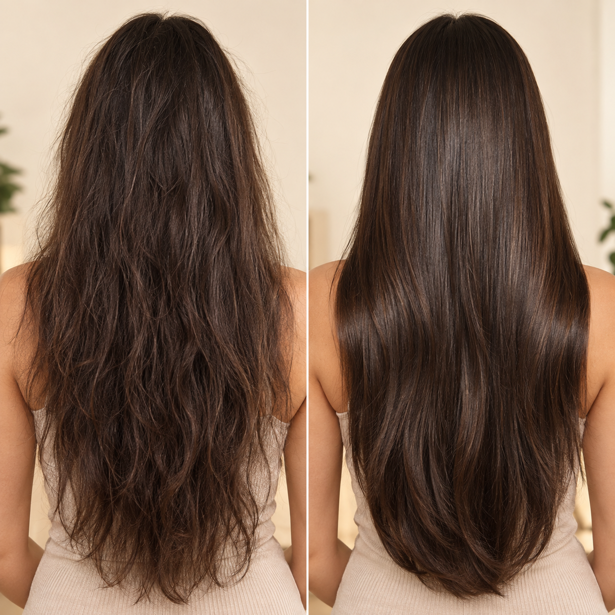 Comparação entre cabelo antes e depois do alinhamento